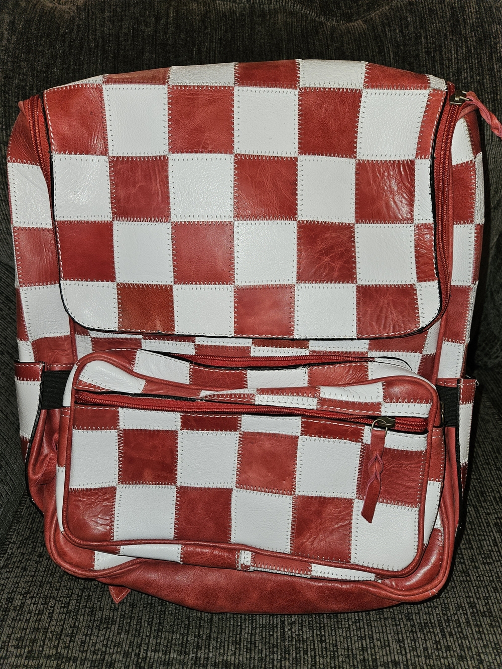 Red and White Checkered Genuine Leather Backpack